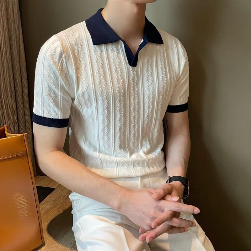 Men's Clothing Breathable Color Matching Light Mature Trendy Shirt V Lapel Elastic Jacquard Texture Slim Short Sleeve Knit_viptrois.com
