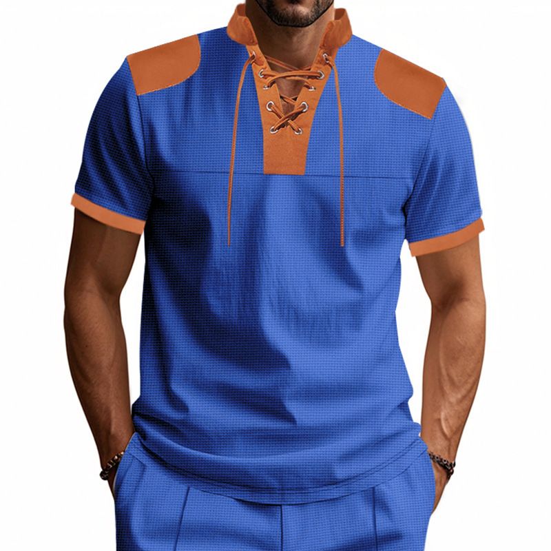 Men's Clothing Retro Lace Up V Neck Fashion Casual Colorblock Short Sleeved T Shirt_viptrois.com