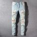 Men's Clothing High Street Fashion Brand Old Patch Paint Graffiti Hole Elastic Slim Washed Light Color Jeans_viptrois.com