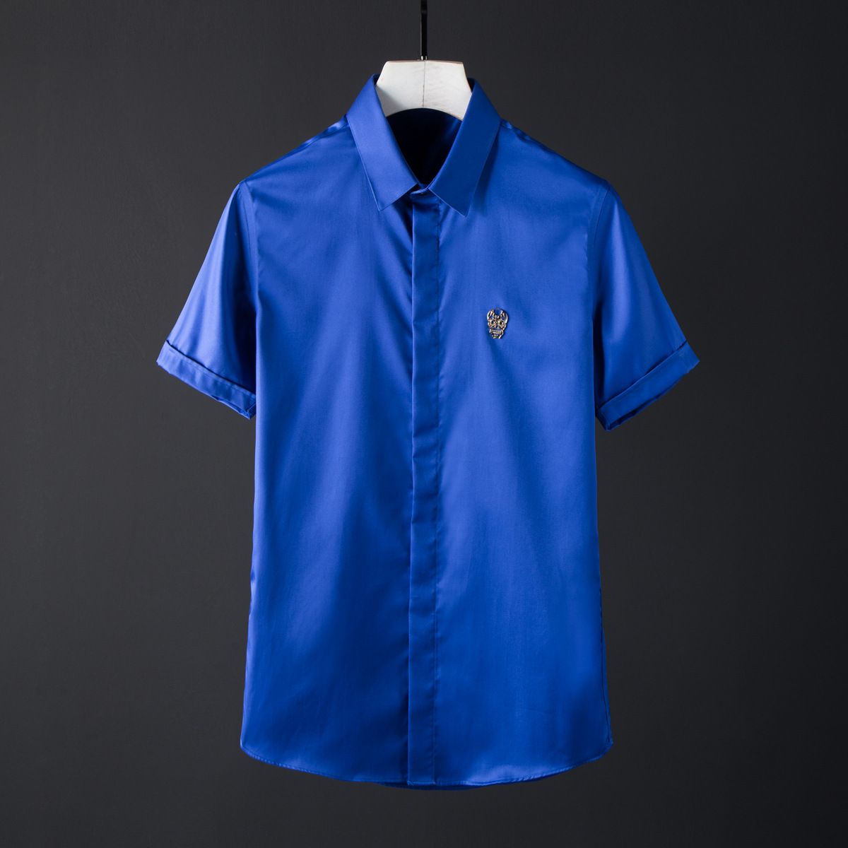 Slim Fit Cotton Shirt With Imported Crystal Rhinestone Skull Design Casual Modern Short Sleeve White Inelastic Single Breasted_viptrois.com