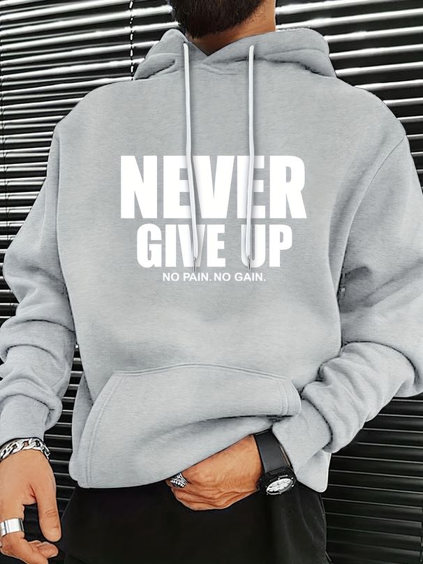 Men's Autumn And Winter Casual Fashionable Loose Hooded Sweater NEVER GIVE UP Letter Print Warm Long Sleeved Pullover Sweater_viptrois.com