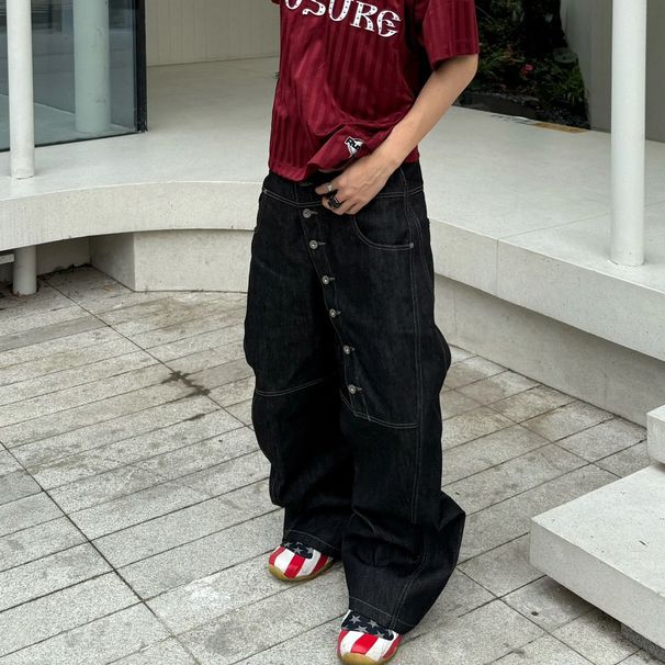 Men's Clothing High Street Style Curved Long Button Scimitar Jeans For Men, Summer Loose American Clean Fit Wide Leg Floor Length Trousers Trendy_viptrois.com