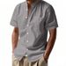 Men's Linen Shirt Short Sleeve, Casual Solid Color Stand Collar Open Front Shirt, Lightweight Breathable Summer Beach Shirt_viptrois.com