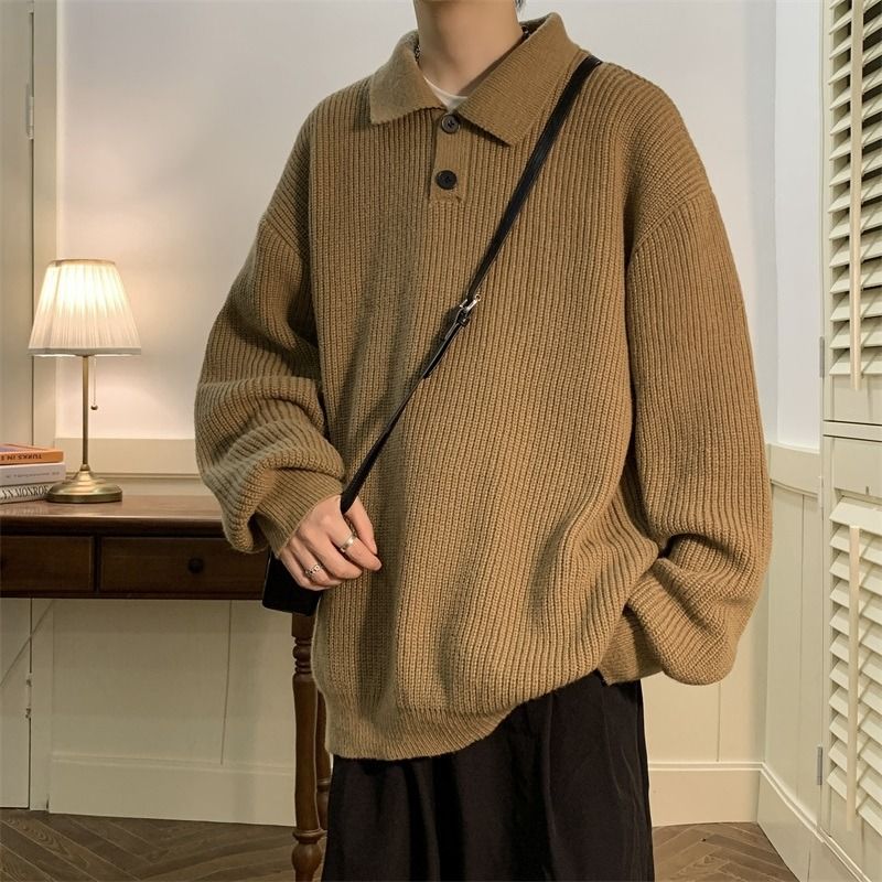Retro Thread Jacket, Long Sleeved Knit Sweater, Solid Color Polo Collar Sweater_viptrois.com