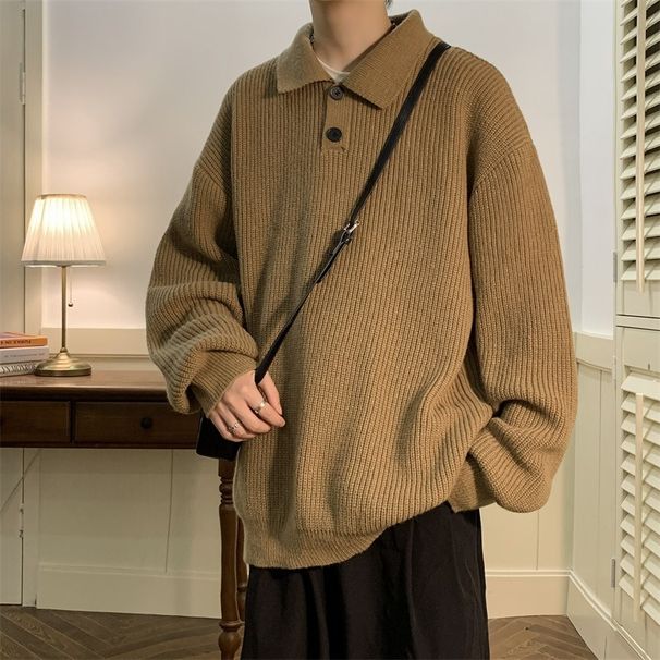 Retro Thread Jacket, Long Sleeved Knit Sweater, Solid Color Polo Collar Sweater_viptrois.com