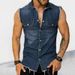 Premium Denim T-shirt, Men's Lapel Sleeveless Cardigan Top, Muscle Vest_viptrois.com