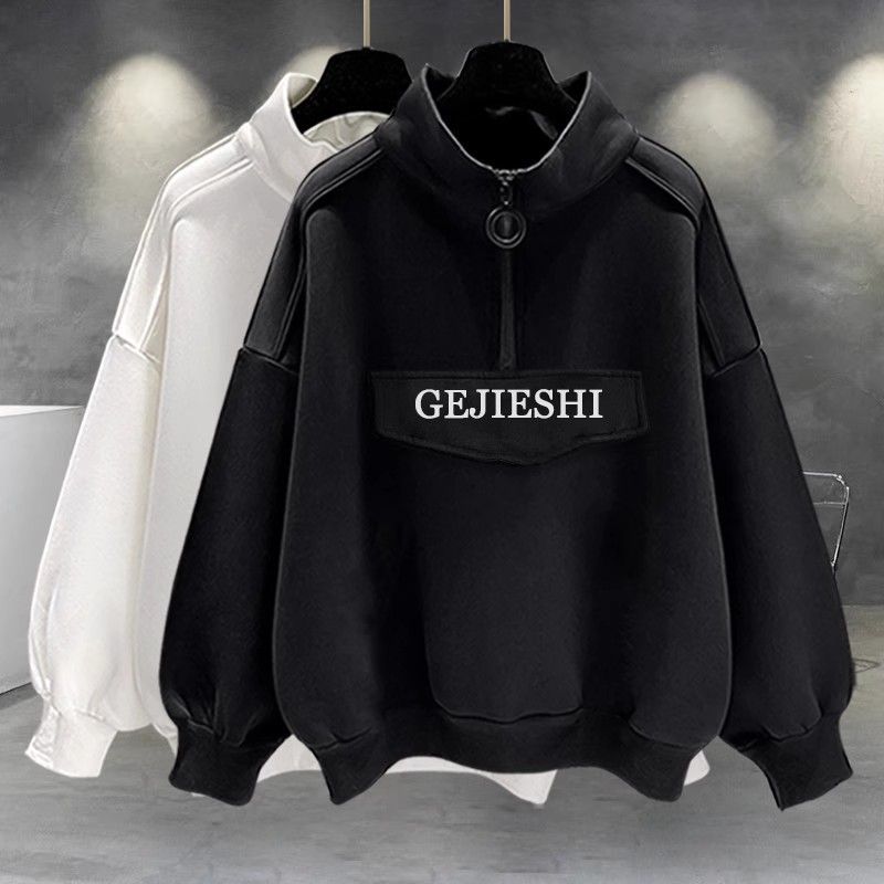 Men's Clothing Half turtleneck zipper sweatshirt men's spring and autumn style letter embroidery casual loose long sleeved top clothes all match_viptrois.com