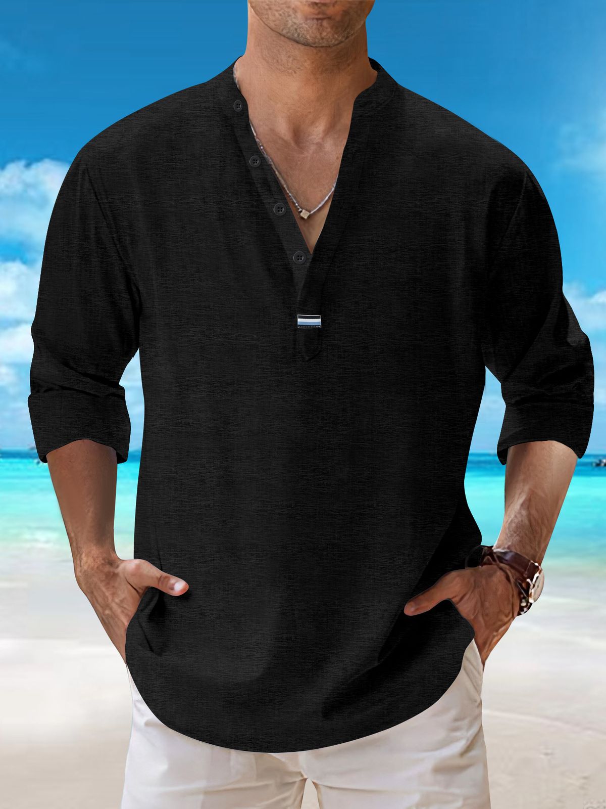Men's Clothing Casual Beach Style Stand Up Collar Shirt Fashion V Neck Solid Color Tie Dyed Long Sleeved Cotton And Linen Shirt_viptrois.com