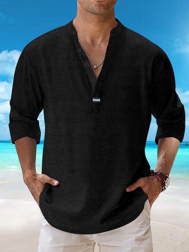 Men's Clothing Casual Beach Style Stand Up Collar Shirt Fashion V Neck Solid Color Tie Dyed Long Sleeved Cotton And Linen Shirt_viptrois.com