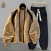 Men's Clothing Contrast Color Stitching Plus Velvet Version Jacket Suit Men Autumn And Winter Double Zipper Niche Design Fashion Trend A Complete Set_viptrois.com