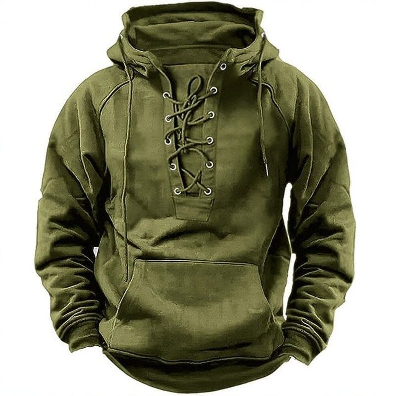 Solid-color Plus-size Men's Outdoor Retro Lace-up Hooded Long-sleeved T-shirt, Autumn Casual Top_viptrois.com
