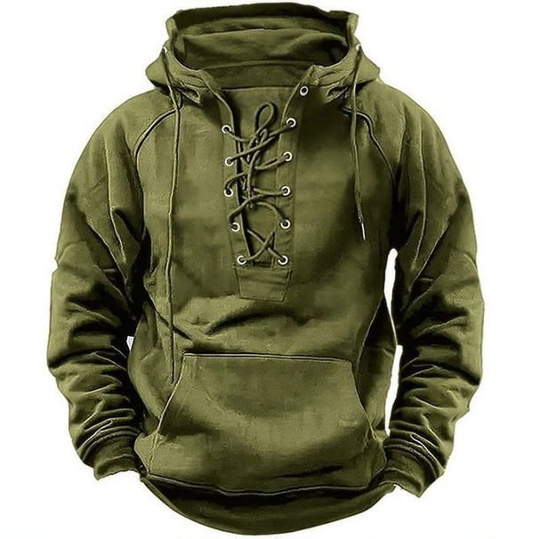 Solid-color Plus-size Men's Outdoor Retro Lace-up Hooded Long-sleeved T-shirt, Autumn Casual Top_viptrois.com