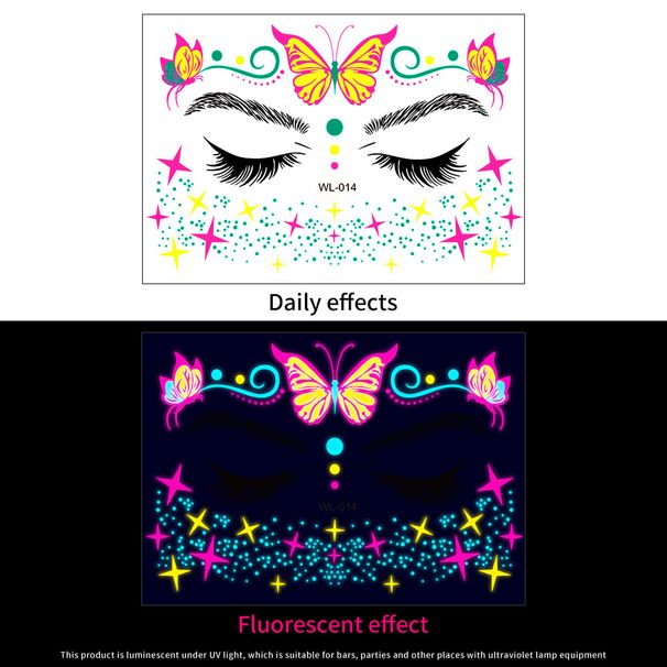 Beauty Health 16 Fluorescent Face Stickers For Nightclub Masquerade Neon Fluorescent Face Stickers Waterproof Music Festival Luminous Tattoo Stickers_viptrois.com