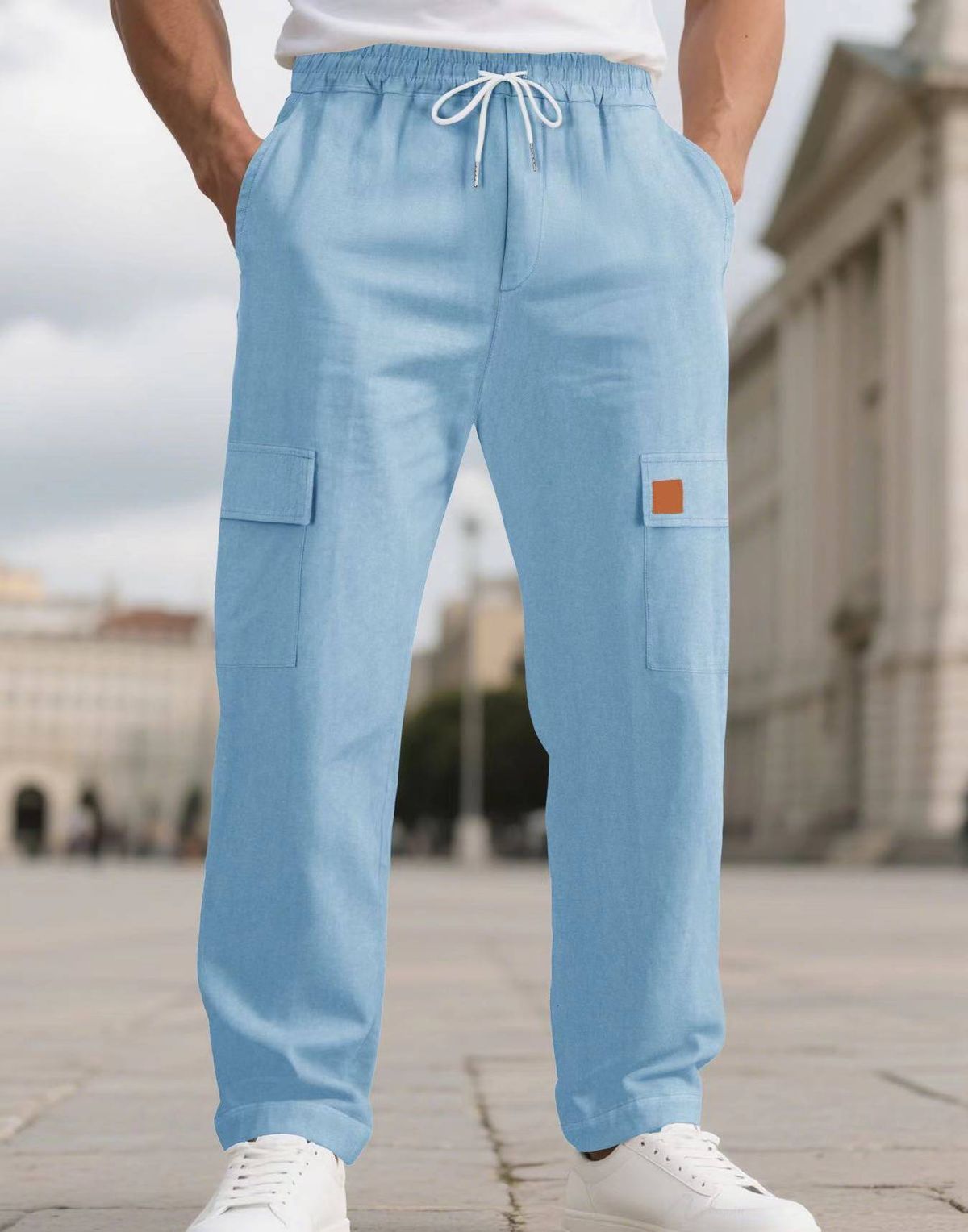 Men's Clothing Sports Casual Long Pants New Linen Multi Pocket Drawstring Sweatpants Cargo_viptrois.com