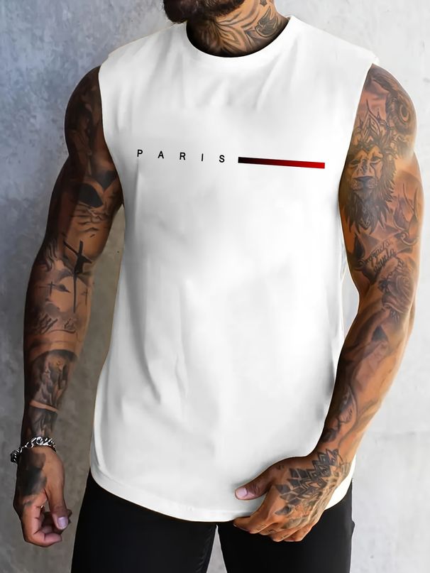 100% Pure Cotton Men's Summer Casual Sports Fitness Loose Paris Pattern Printed Breathable Round Neck Sleeveless Vest_viptrois.com