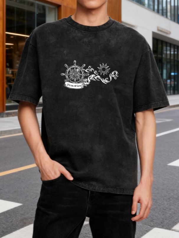 Vintage Style T Shirt Nautical Steering Wheel And Sun Design Washed Cotton Oversized Fit Unisex Casual Wear_viptrois.com