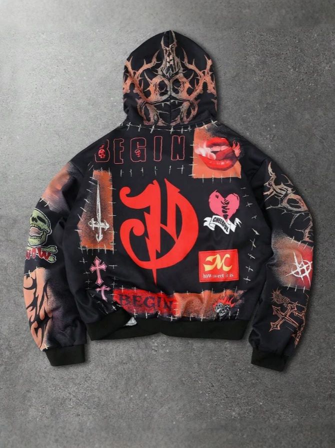 Men's Gothic Streetwear Hoodie With Dark Patchwork Print - Alternative Aesthetic Urban Outerwear_viptrois.com