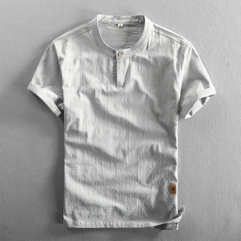 Men's Clothing Summer Thin Men's Cotton And Linen Casual Stand Up Collar Short Sleeved T Shirt Loose Casual Short Sleeved Pullover Linen Shirt_viptrois.com