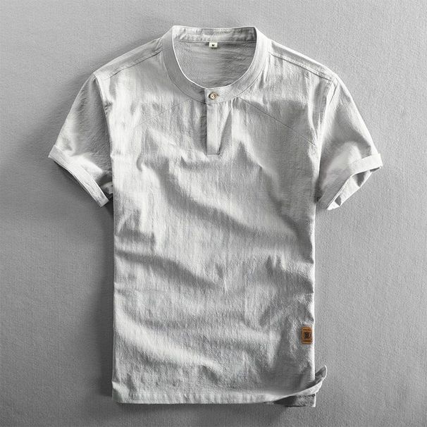 Men's Clothing Summer Thin Men's Cotton And Linen Casual Stand Up Collar Short Sleeved T Shirt Loose Casual Short Sleeved Pullover Linen Shirt_viptrois.com