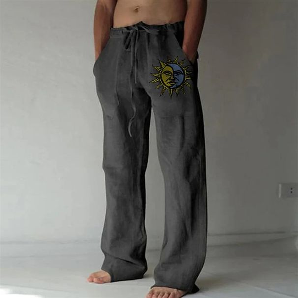 Men's Clothing Men's Independent Station New Youth Three Color Sunflower Hand Printed Cotton And Linen Loose Casual Drawstring Trousers_viptrois.com