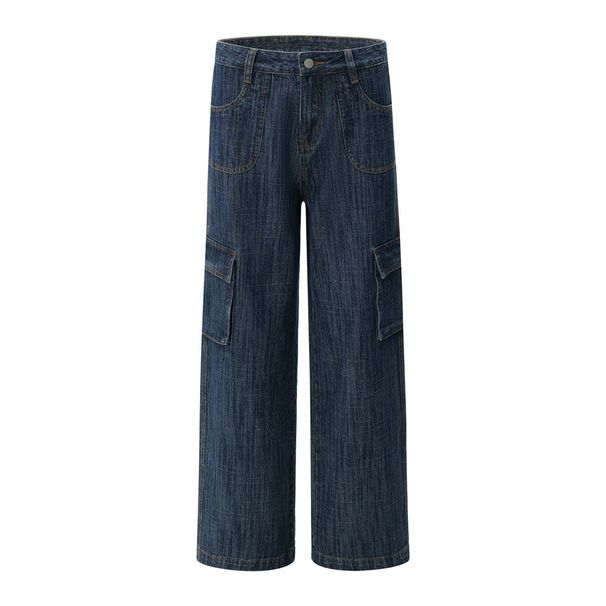 Men's Cargo Jeans High Street Trendy Punk Loose Casual Straight Long Design Textured Wide-Leg Pants_viptrois.com
