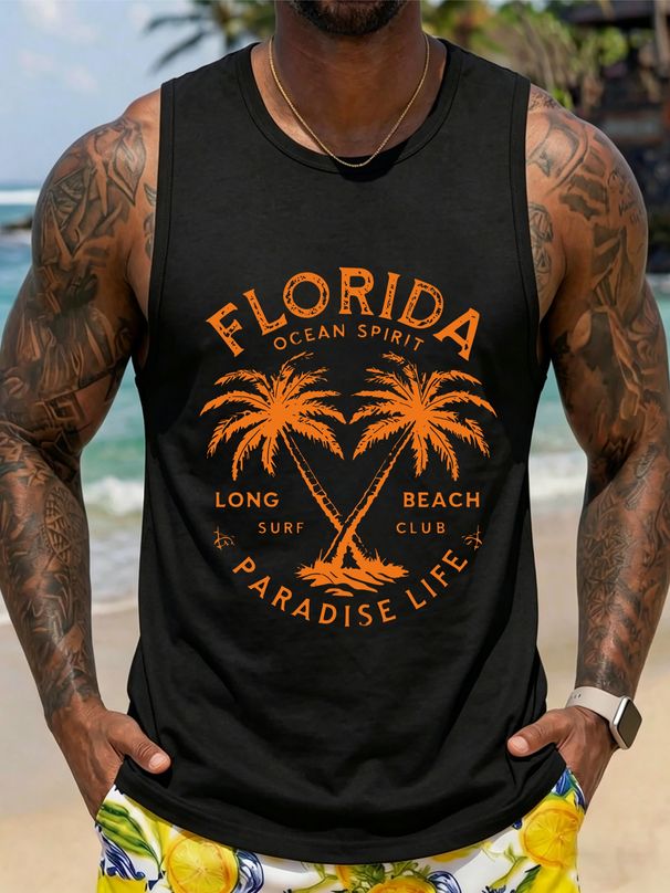 Canotta Uomo Girocollo 100% Cotone Stampa Palme Oceano Florida Morbida Traspirante Senza Maniche Vacanze Spiaggia Multicolore_viptrois.com