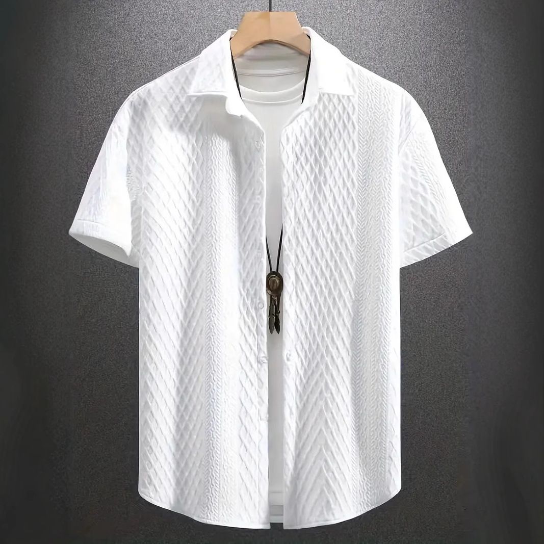 2025 Cross-Border Men's Turn-Down Collar Solid Color Knit Jacquard Casual Short-Sleeve Shirt_viptrois.com