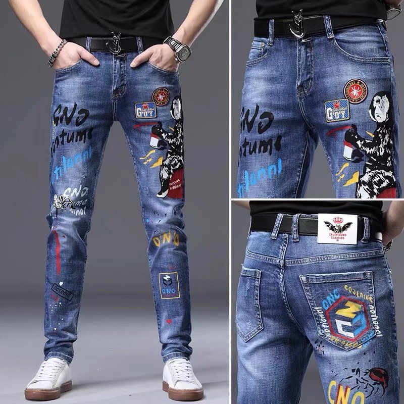 Men's Slim Straight Blue Distressed Jeans With Patchwork & Ripped Details For Spring & Summer_viptrois.com