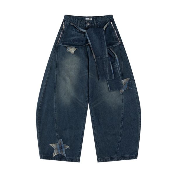Unique Star Design Washed Denim Scimitar Pants Men's Trendy Brand High Street Vintage Punk Loose Wide-Leg Trousers_viptrois.com
