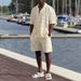 Men's Spring/Summer Openwork Design Collared Button Shirt Loose Casual Shorts Suit_viptrois.com