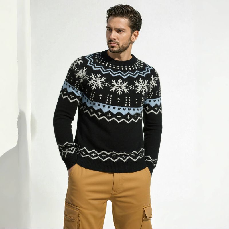 Men’s Snowflake Embroidered Sweater – Oversized Ribbed Hem Pullover (L-3XL, Soft Modal Blend, Machine Washable)_viptrois.com