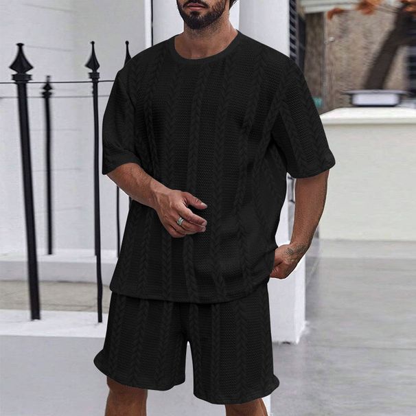 Men's New Short-sleeved Shorts Suit Fashion Solid Color Twisted Jacquard Casual Short-sleeved Shorts Two-piece Set_viptrois.com
