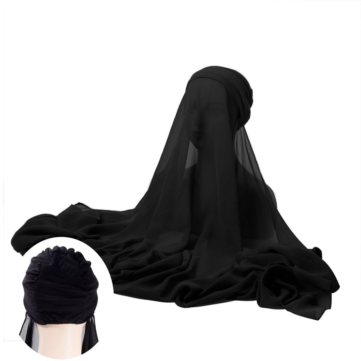 New monochrome pearl chiffon shawl hat set women's convenient gauze scarf elastic hat one piece long_viptrois.com