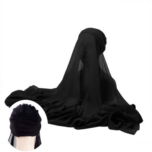 New monochrome pearl chiffon shawl hat set women's convenient gauze scarf elastic hat one piece long_viptrois.com