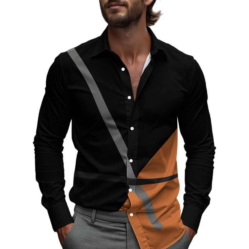 Simple Mens Shirt Spring Single Breasted Lapel Design Shirt New Daily Fashion Casual Loose Comfortable Business Shirts Geometric_viptrois.com