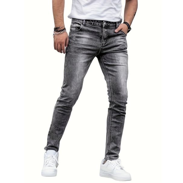 Men's Stretch Slim Fit Denim Jeans - Classic Solid Color Casual Pants For Everyday Wear (Black, Dark Blue, Charcoal)_viptrois.com