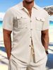 Men's Clothing Summer European And American Men's Waffle Short Sleeved Casual Solid Color Lapel Button Pocket Versatile Shirt_viptrois.com
