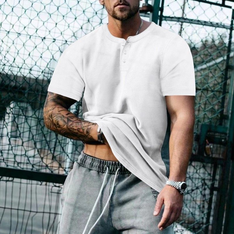 Summer Mens Slim Fit Henley Shirts Lightweight Breathable Solid Color Daily Wear Tees_viptrois.com