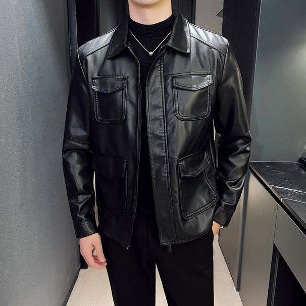 Loom Multi-Pocket Casual 2023 New European And American Style Solid Color Leather Men's Autumn Coat Turn-Down Collar_viptrois.com