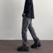 Men's And Women's Washed Water Distressed Laser Textured Pants, Unisex With Slightly Flared Holes, Black Gray Jeans,_viptrois.com