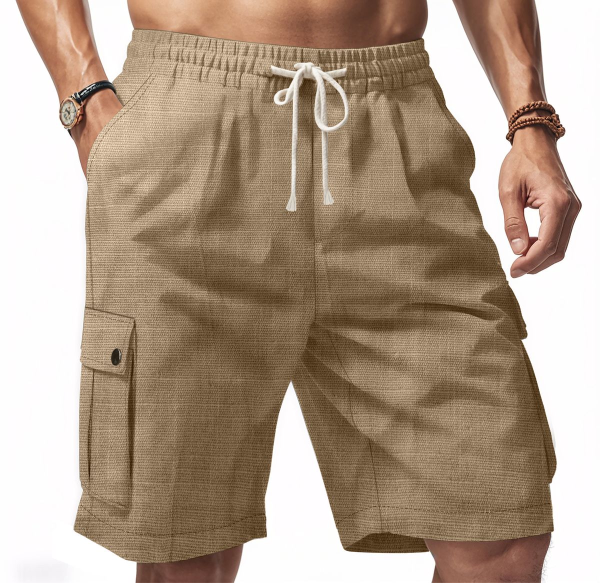 Men's Khaki Tactical Shorts Summer Outdoor Workwear Casual Beach Bamboo Linen_viptrois.com