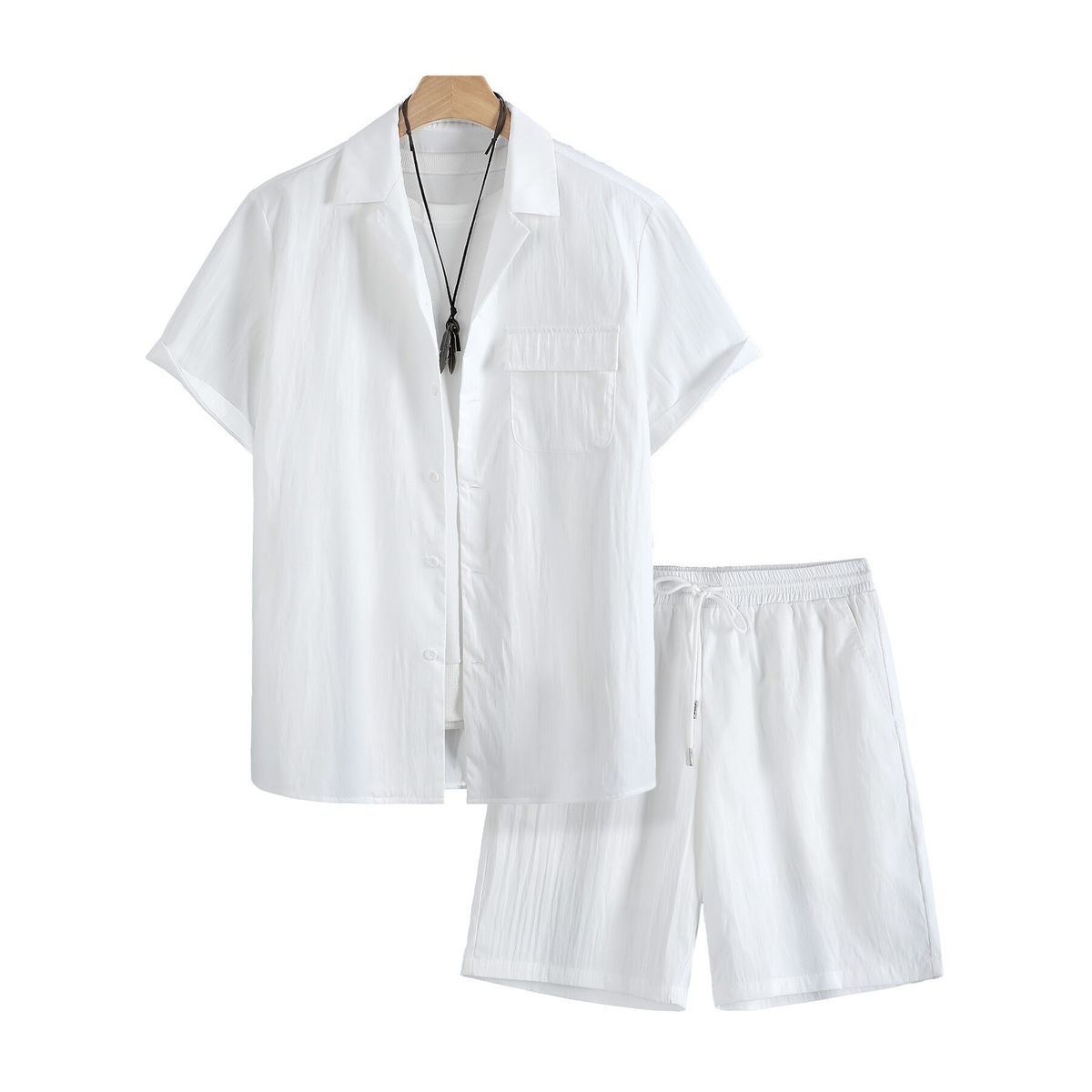 Men's Summer Casual Short Sleeved Shirt And Shorts Set White Drape Breathable Loose Fit Two Piece Suit for Wholesale_viptrois.com