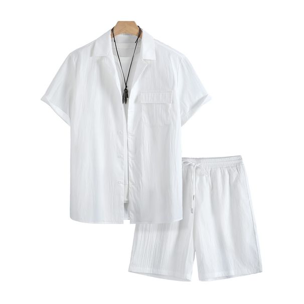 Men's Summer Casual Short Sleeved Shirt And Shorts Set White Drape Breathable Loose Fit Two Piece Suit for Wholesale_viptrois.com