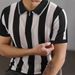 Men's Summer Stripe Knit Polo Shirt With Hollow Design, Loose Fit Casual Short Sleeve Top, Black & White Contrast_viptrois.com