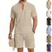 Men's Summer Casual Linen Shorts Suit Henry Style Loose Breathable Outdoor Workwear Sports Set_viptrois.com