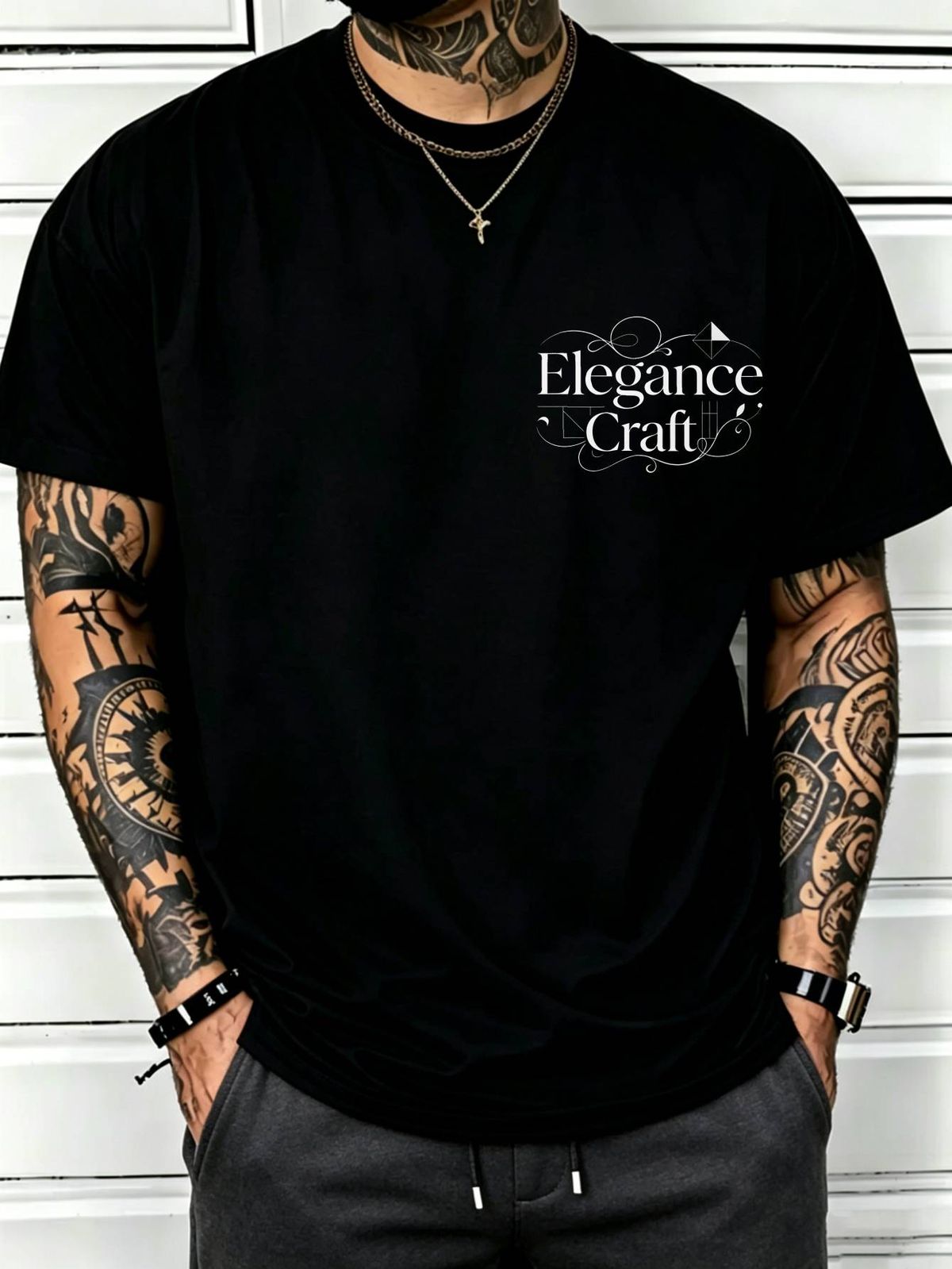 100% Cotton Men Oversized T-shirt Elegance Craft Ornate Text Print Crew Neck Short Sleeve Streetwear Tee_viptrois.com