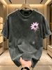 230g Washed Men T-Shirt Gradient Pink Daisy MGP Circular Text Print Short Sleeve Crew Neck Casual Streetwear Top_viptrois.com