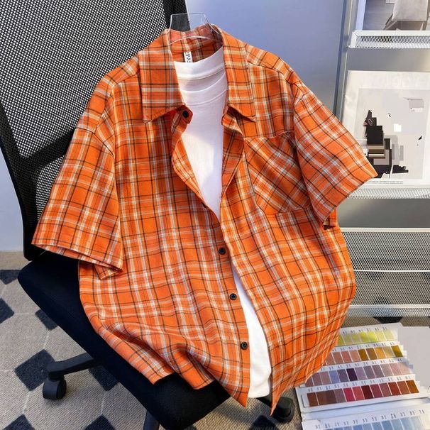 2025 Summer Thin Plaid Short Sleeve Shirt Men's All Match Loose Casual Trendy Sports Teenager Shirt_viptrois.com