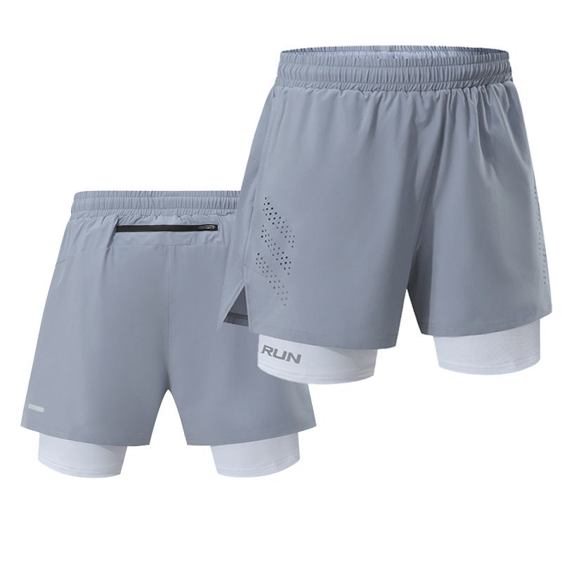 Cross Border Outdoor Sports Shorts Men's Double Layer Two Piece Quick Drying Anti Exposure Professional Running Pants Fitness Three Quarter Pants_viptrois.com