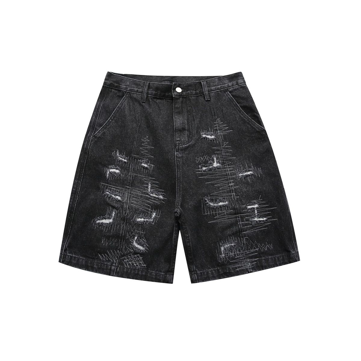 Men's Clothing Retro Street Washed Embroidery Hole Patch Loose High Street Denim Shorts Men_viptrois.com